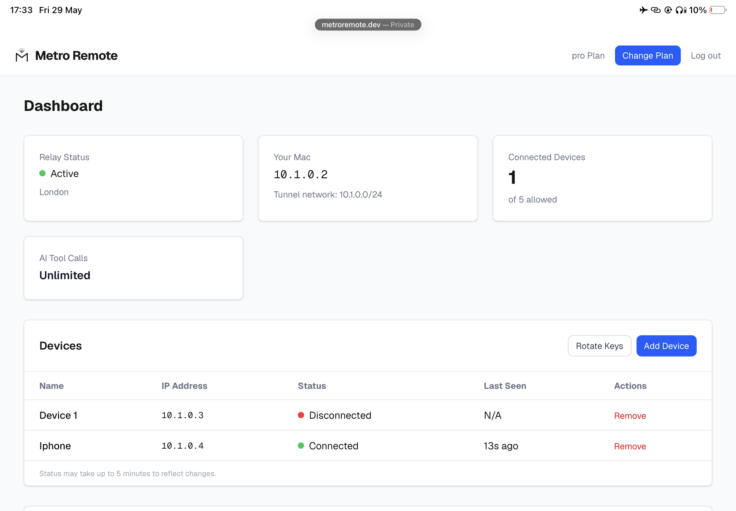 Metro Remote dashboard showing relay status, connected devices, AI tool calls, and device management
